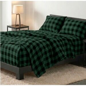 Bare Home Flannel Sheet Set California King‎ Green Black Buffalo Check Plaid 4pc